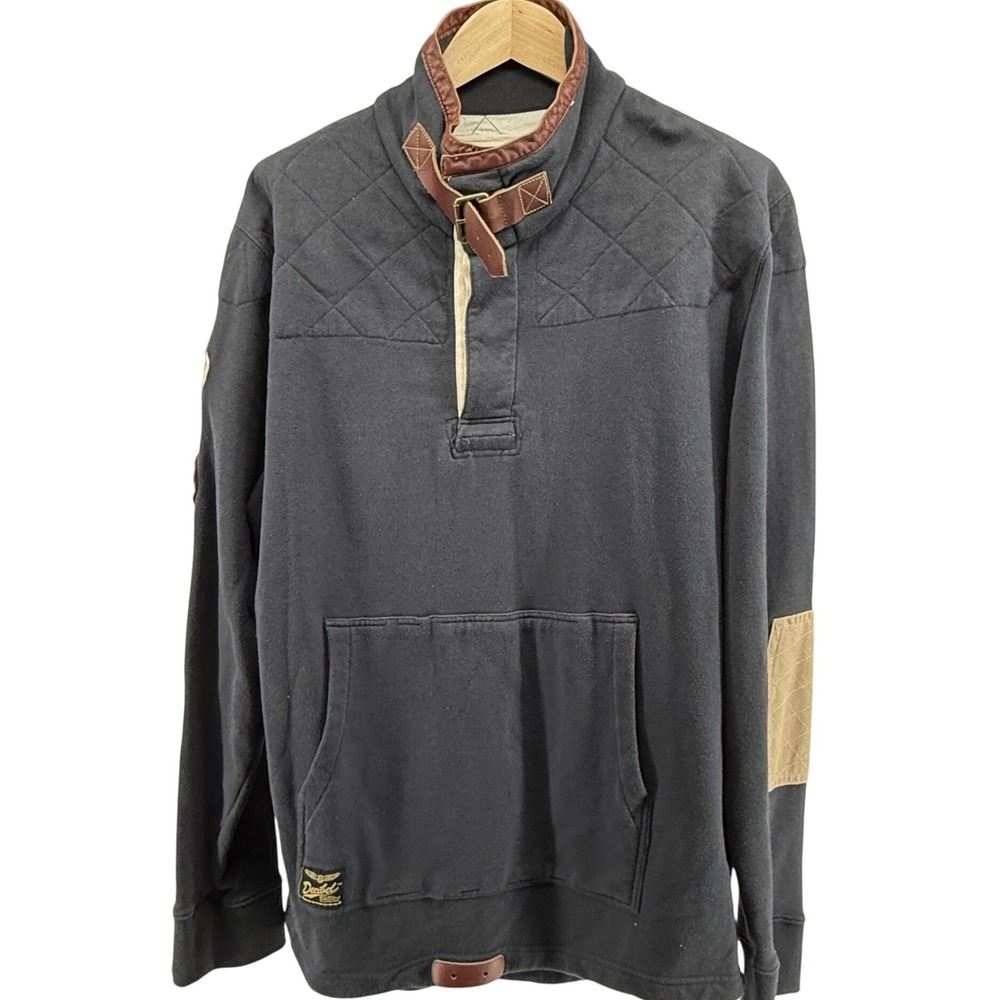 Decibel Mens Pullover Sweatshirt Quilted Collar‎ Leather Buckle Patches